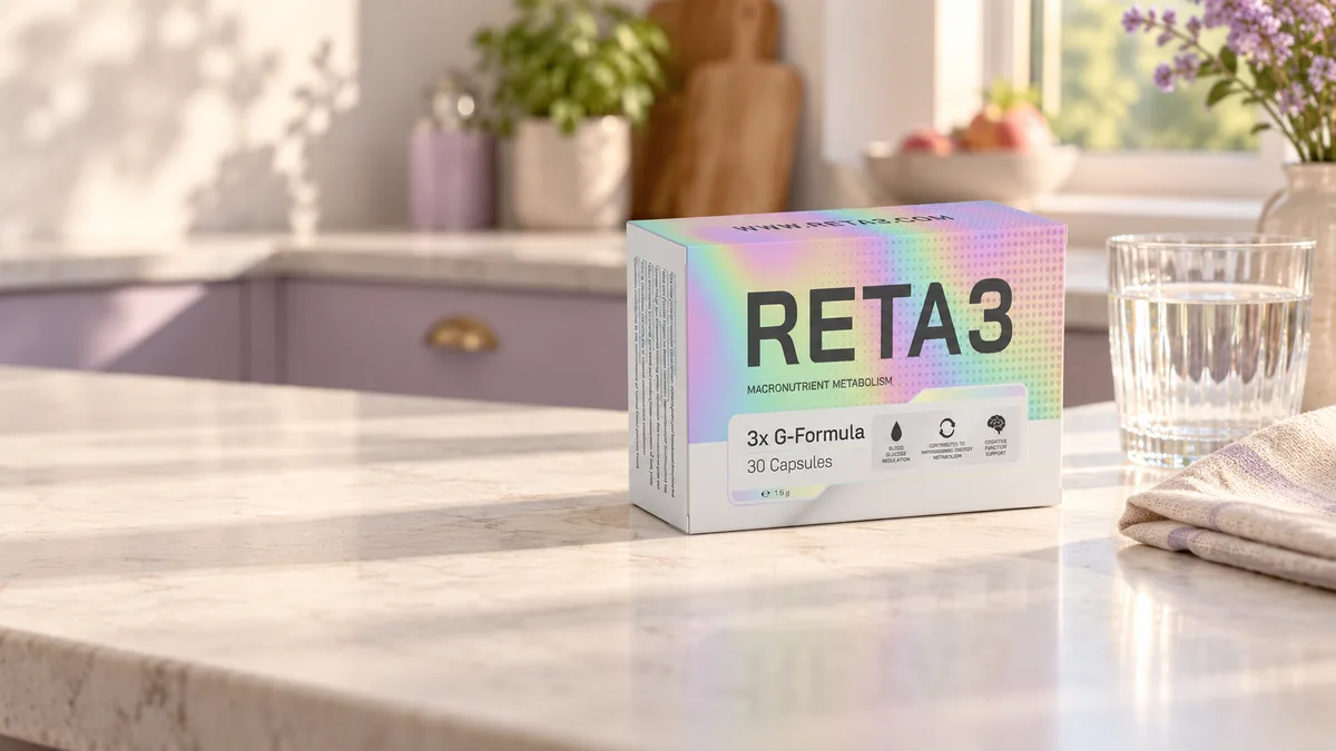 Reta3 carton beside a glass of water in a bright kitchen